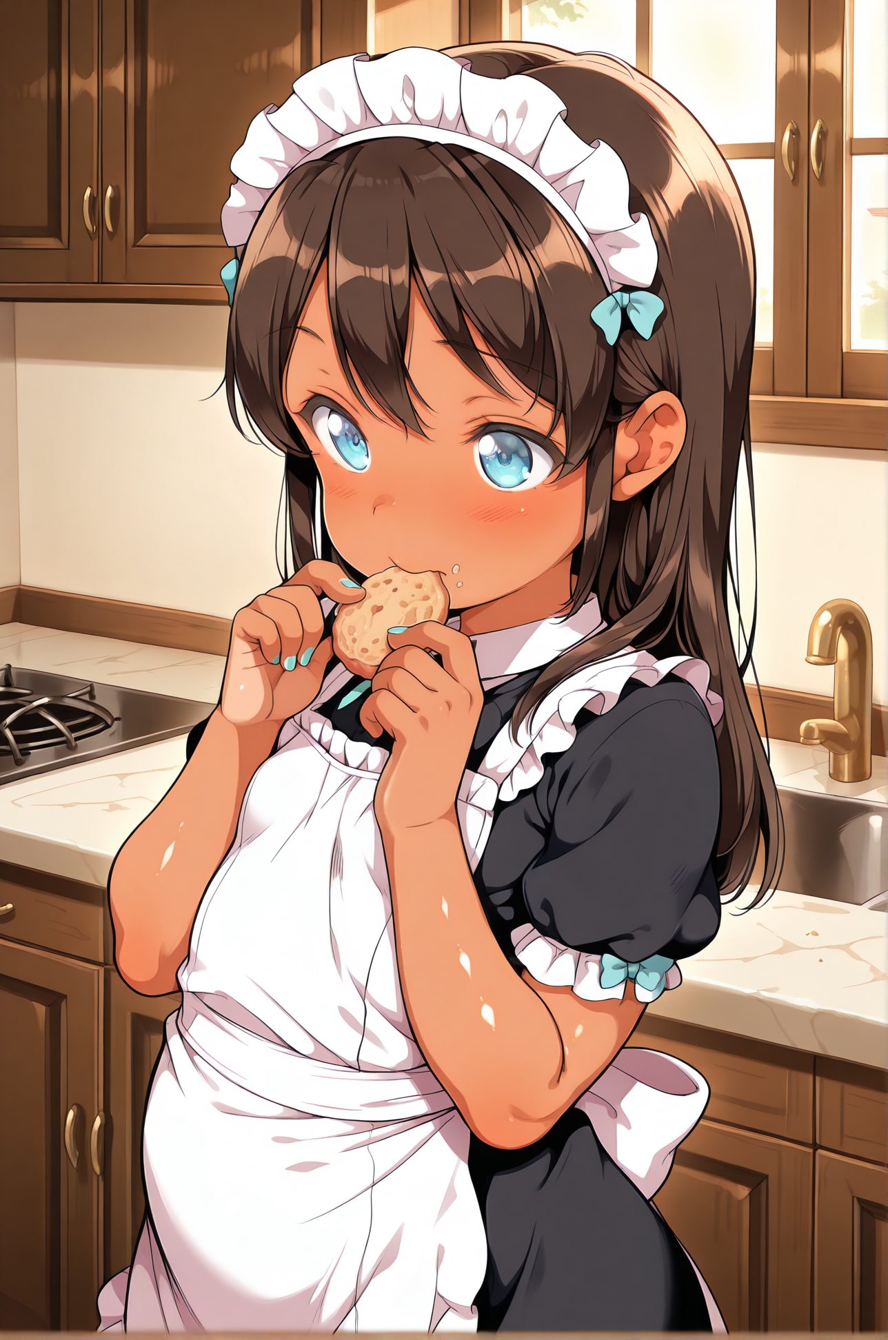 長い髪・青い目の褐色のAIイラスト