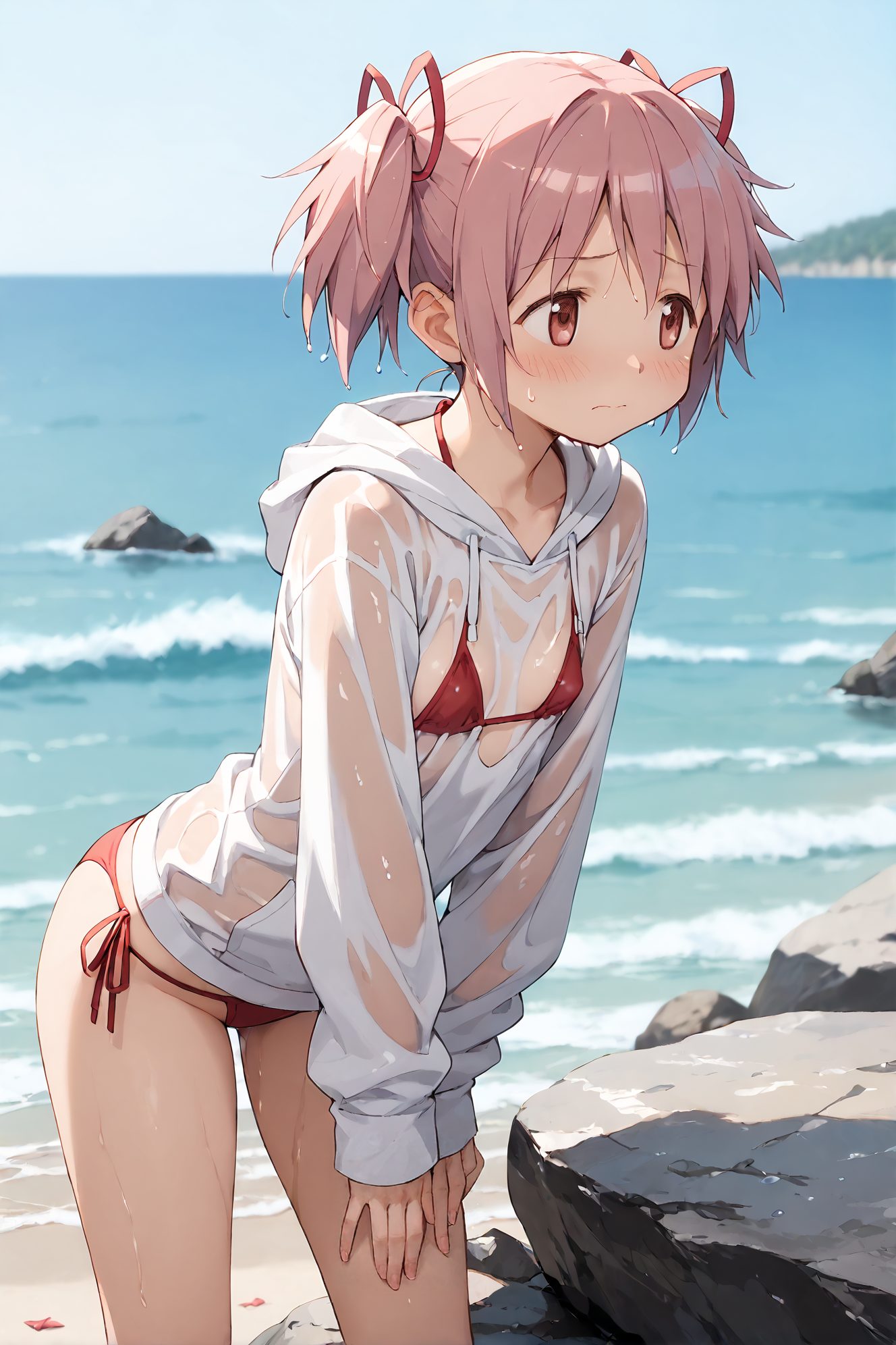 鹿目まどかの赤リボン姿を描いたAIイラスト（短い髪）