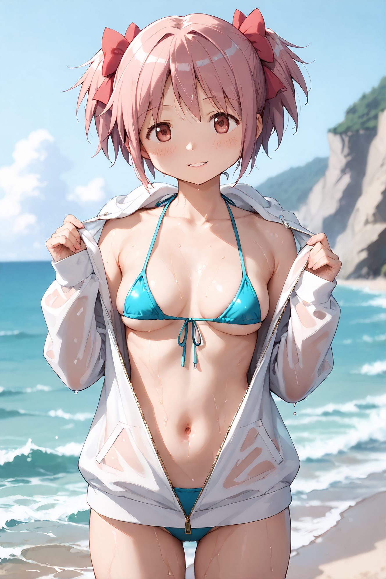 鹿目まどかのフロントタイトップ姿を描いたAIイラスト(前髪)