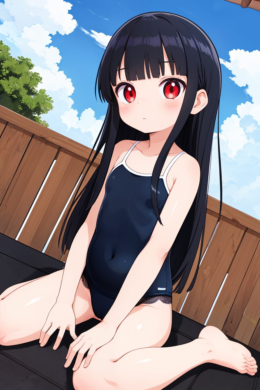 スク水の赤面姿を描いたAIイラスト(座り)