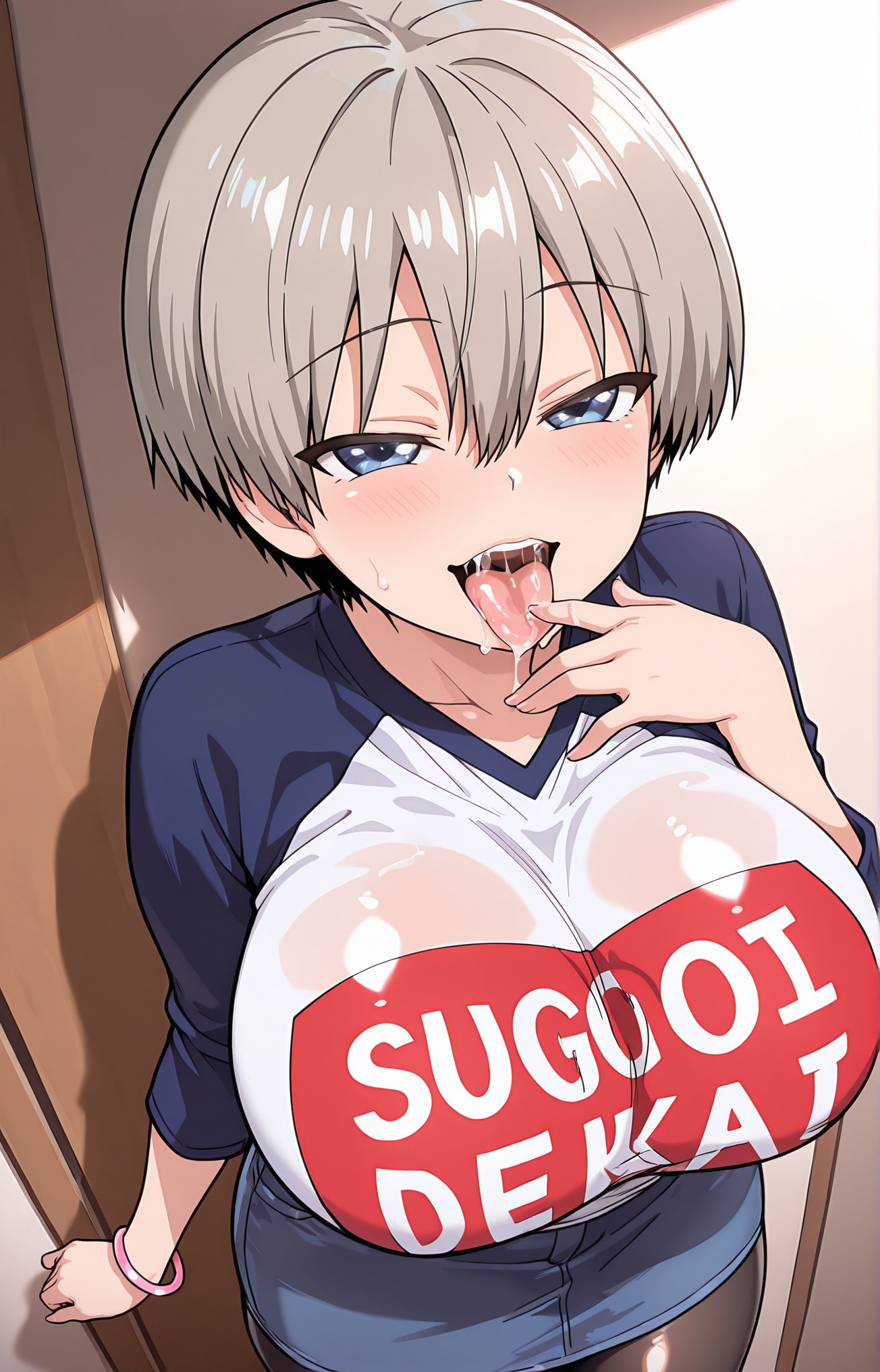 笑顔・舌出しの巨乳のAIイラスト