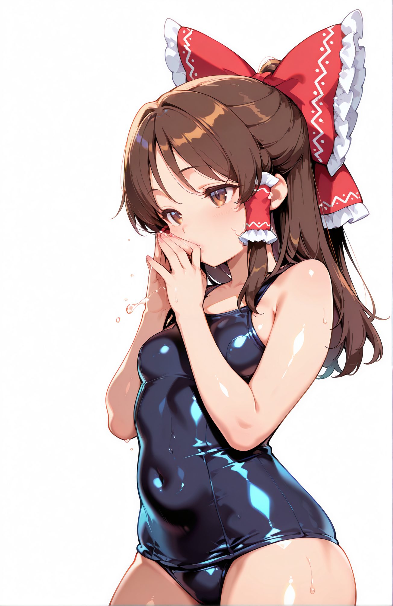 博麗霊夢の光沢肌姿を描いたAIイラスト（赤リボン）