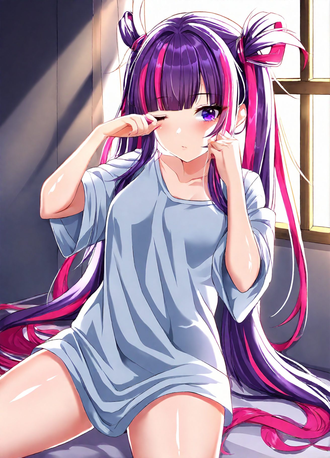 麻雀ファイトガールのTシャツ姿を描いたAIイラスト（ツインテール）