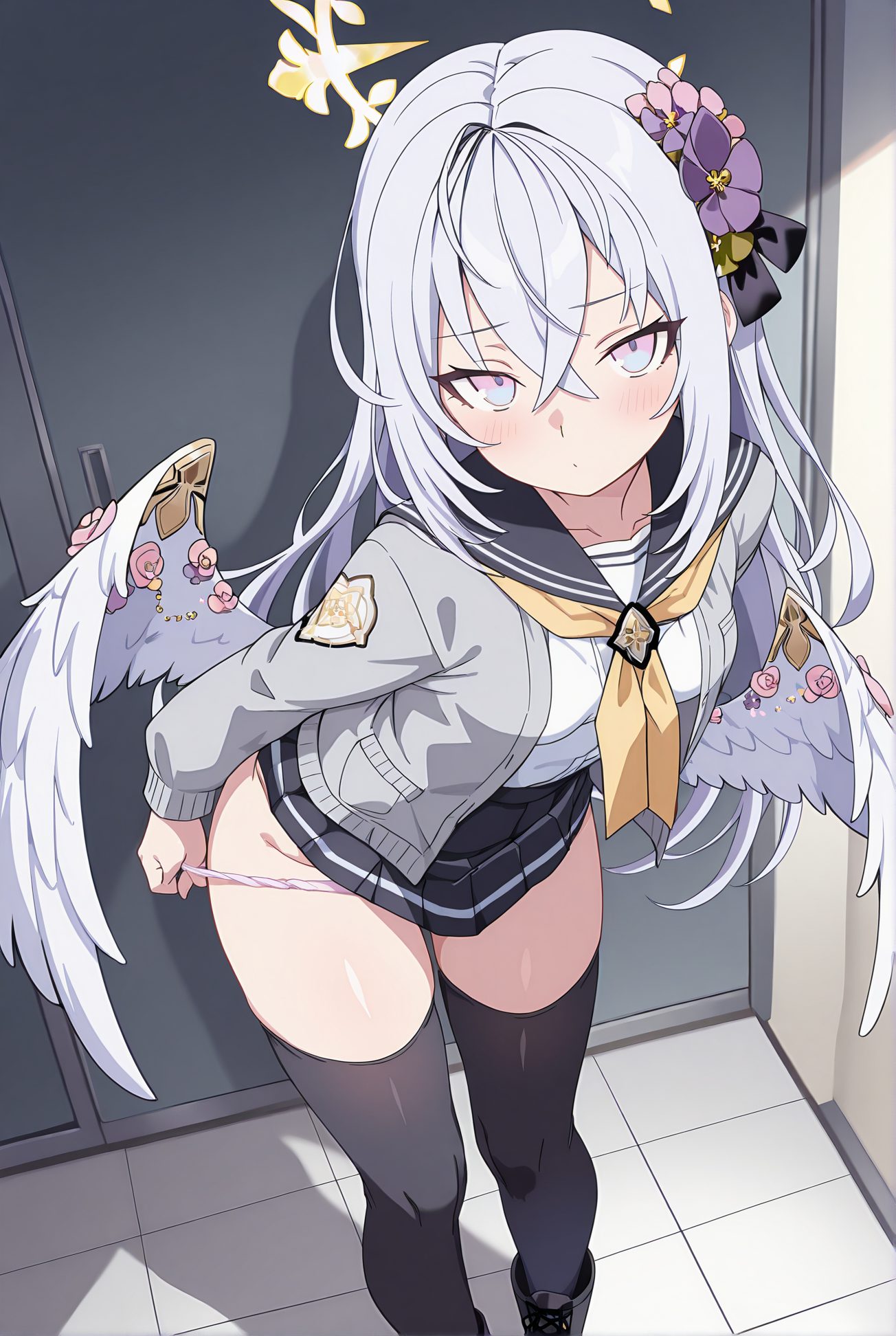 太ももハイソックス・髪飾りの白洲アズサのAIイラスト