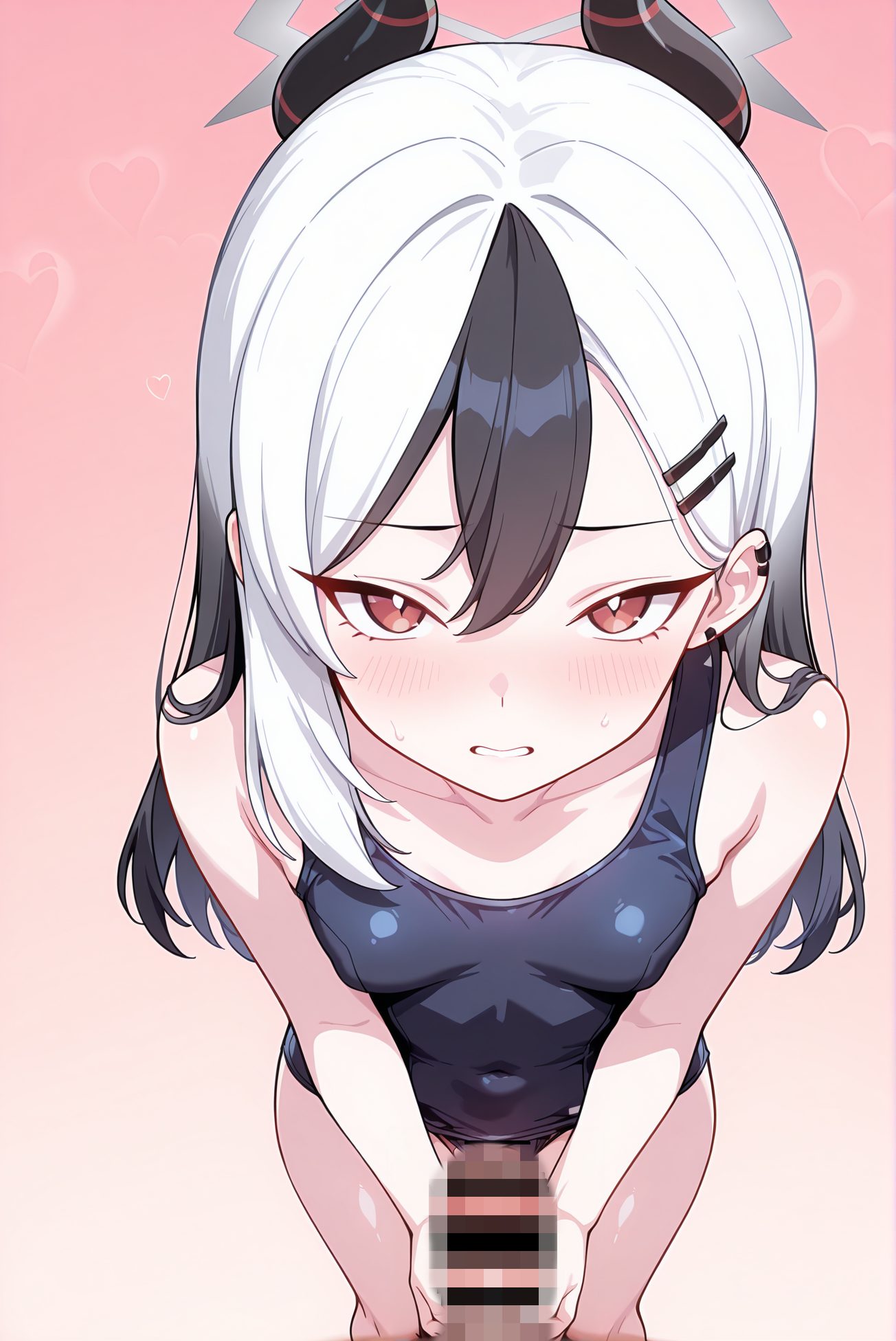 スク水の赤い目姿を描いたAIイラスト（髪飾り）