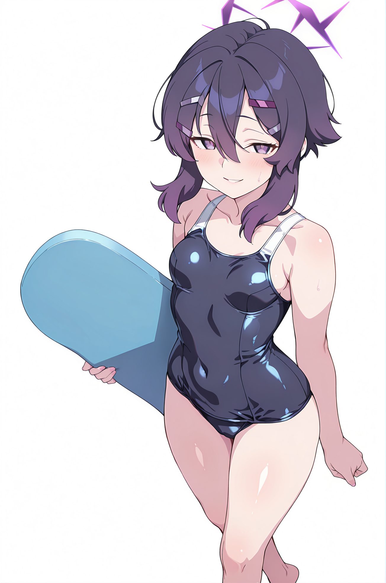スク水の赤面姿を描いたAIイラスト（紫髪）