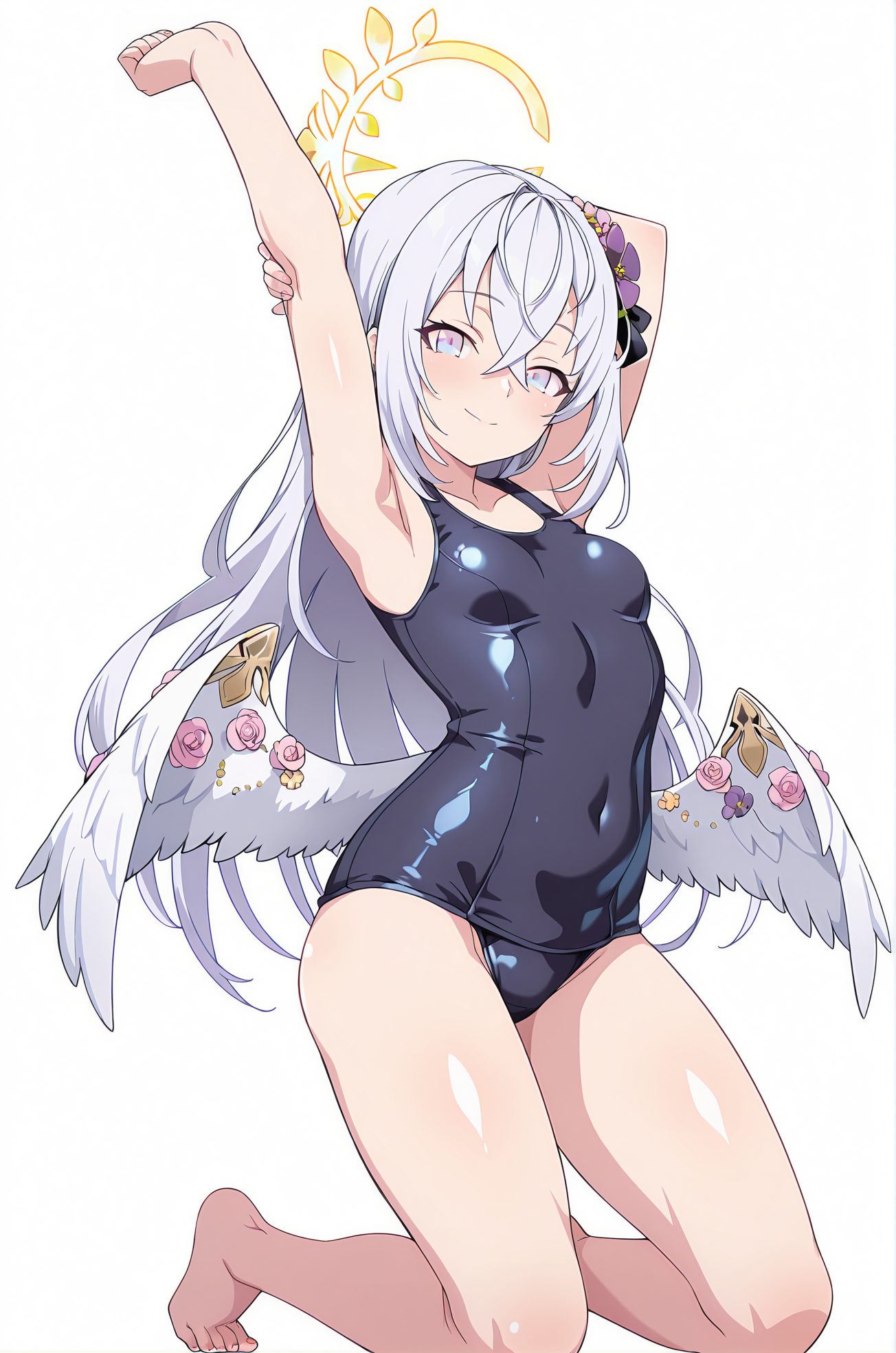 髪の花が魅力的なスク水の二次創作AIイラスト