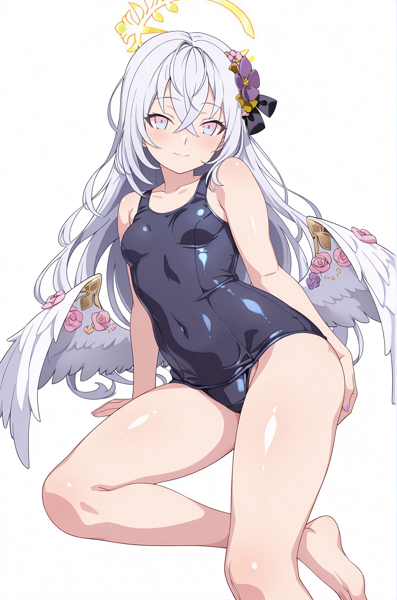 座り・光沢肌の白洲アズサのAIイラスト