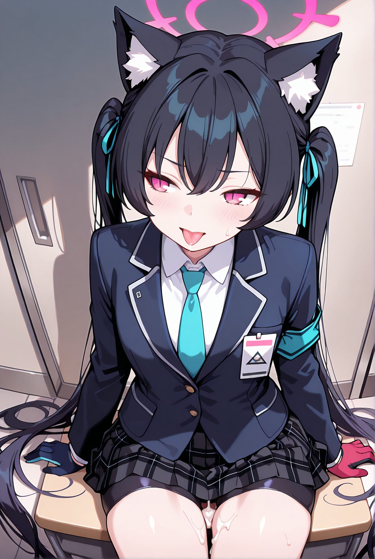 座り・赤面の黒見セリカのAIイラスト