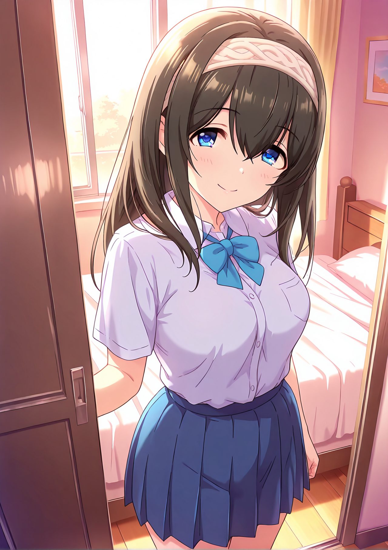鷺沢文香の蝶ネクタイ姿を描いたAIイラスト（スカート）